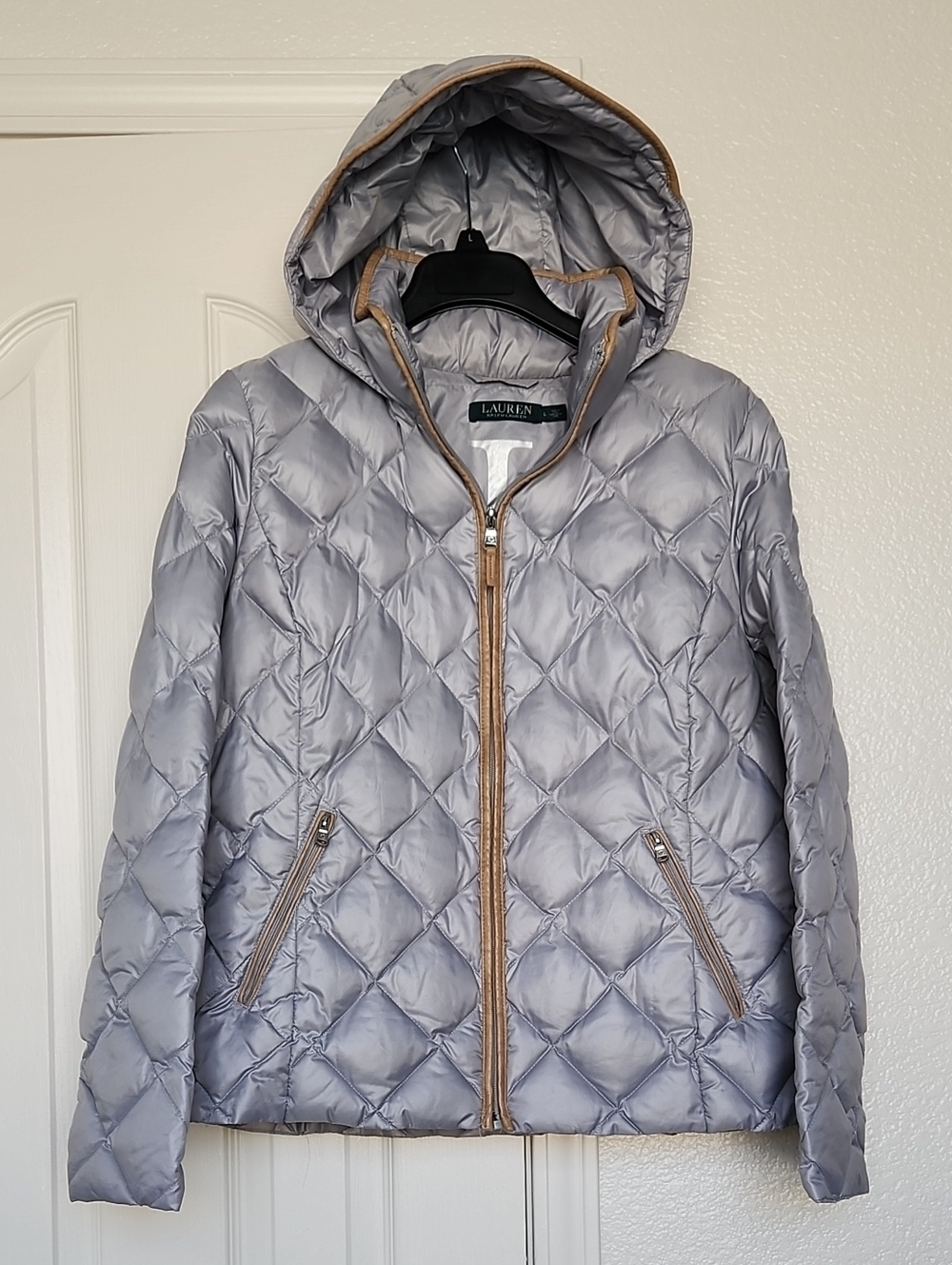 Lauren Ralph Lauren Silver Gray Puffer Hooded Jacket Size L